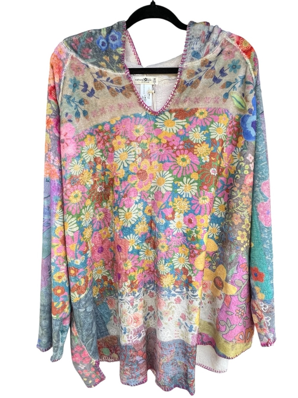NATURAL LIFE Floral Patchwork Cozy Blanket Hoodie Poncho NWT One Size
